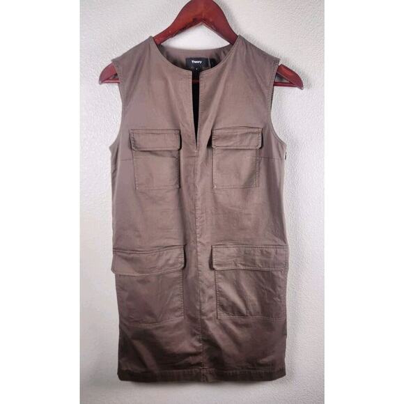 Theory Sz 0 Utilitarian Chino Shift Shirt Dress‎ Pockets Green Brown Sleeveless - Picture 1 of 7